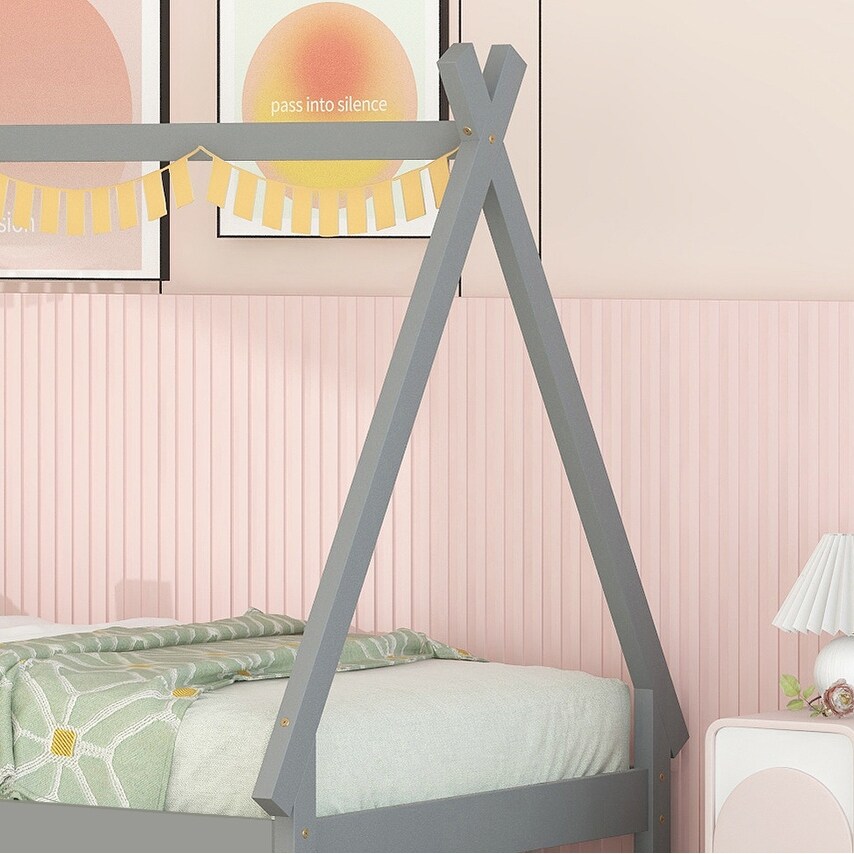 Twin Size Teepee Tent Floor Bed with Pull Out Trundle Natural Finish Pine Wood Construction Elegant Minimalistic Design Gray