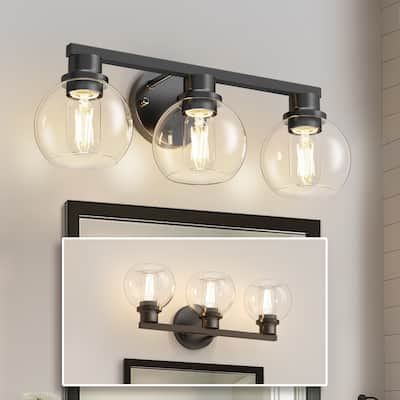 YANSUN 3-Light Mirror Vanity Light, Black Base, E26 Sockets, Large Clear Globe Glass Shades for Modern Bathroom Décor