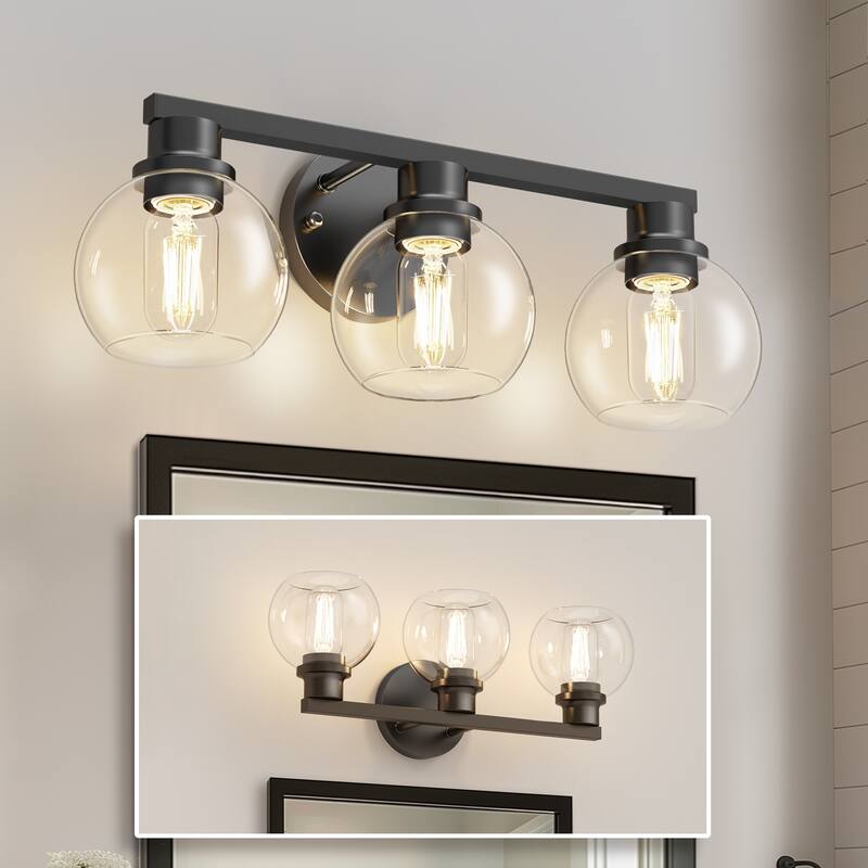 YANSUN 3-Light Vanity Light, All-Black Finish, E26 Sockets, Large Clear Glass Globe Shades - Black - 18.9*6.47*7.2
