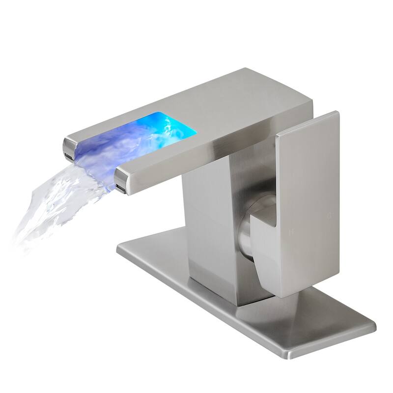 Bathroom Sink Faucet LED Light 3 Colors Changing Waterfall Glass Spout Hot Cold Water Mixer Single Handle One Hole - Brushed Nickel