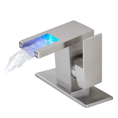 Bathroom Sink Faucet LED Light 3 Colors Changing Waterfall Glass Spout Hot Cold Water Mixer Single Handle One Hole