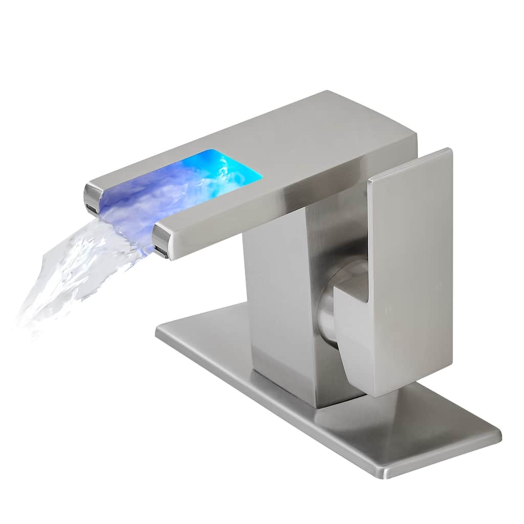 Bathroom Sink Faucet LED Light 3 Colors Changing Waterfall Glass Spout Hot Cold Water Mixer Single Handle One Hole