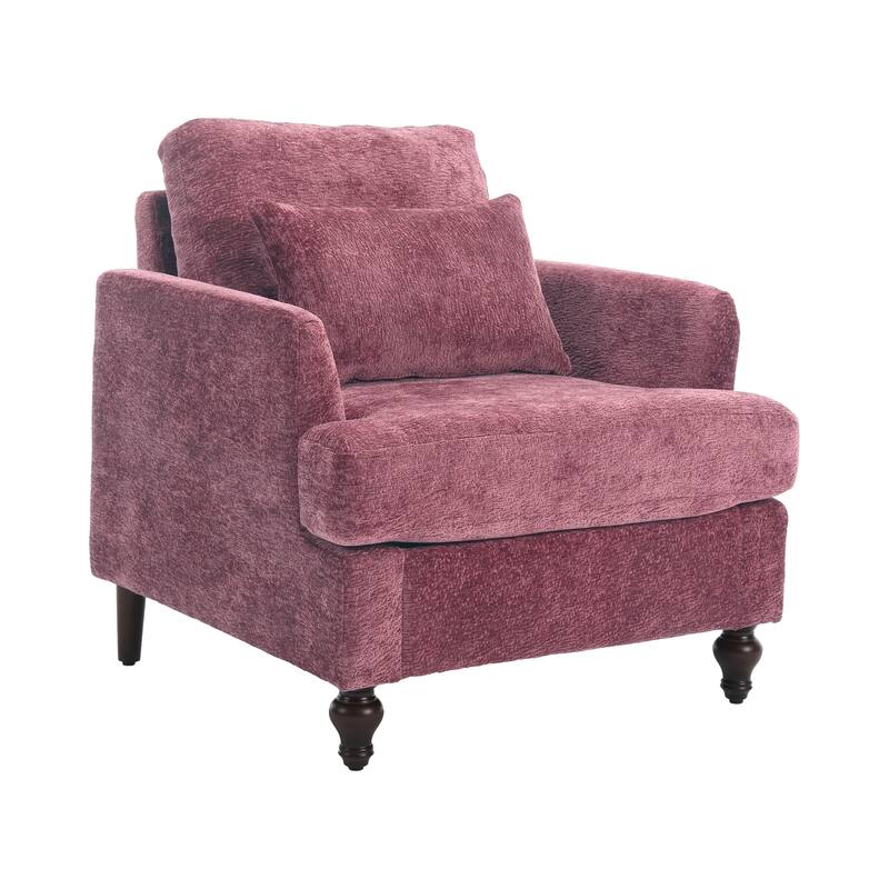 Chenille Fabric Accent Chair, Tufted Upholstered Living Room Chair, Lounge Armchair with Solid Wood Frame & Pillows