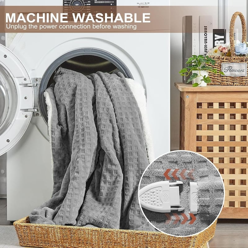 Waffle Soft Flannel & Sherpa Heated Throw Electric Blanket, Grey