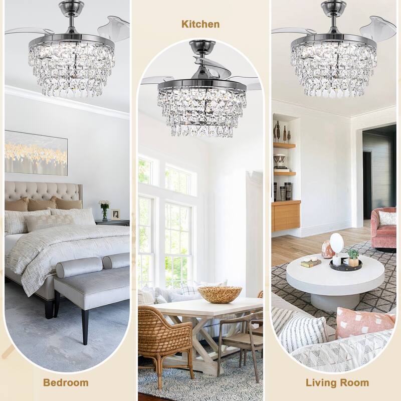 Bella Depot 42" Retractable Crystal Ceiling Fan with Light and Remote 6-Speed Reversible Fan