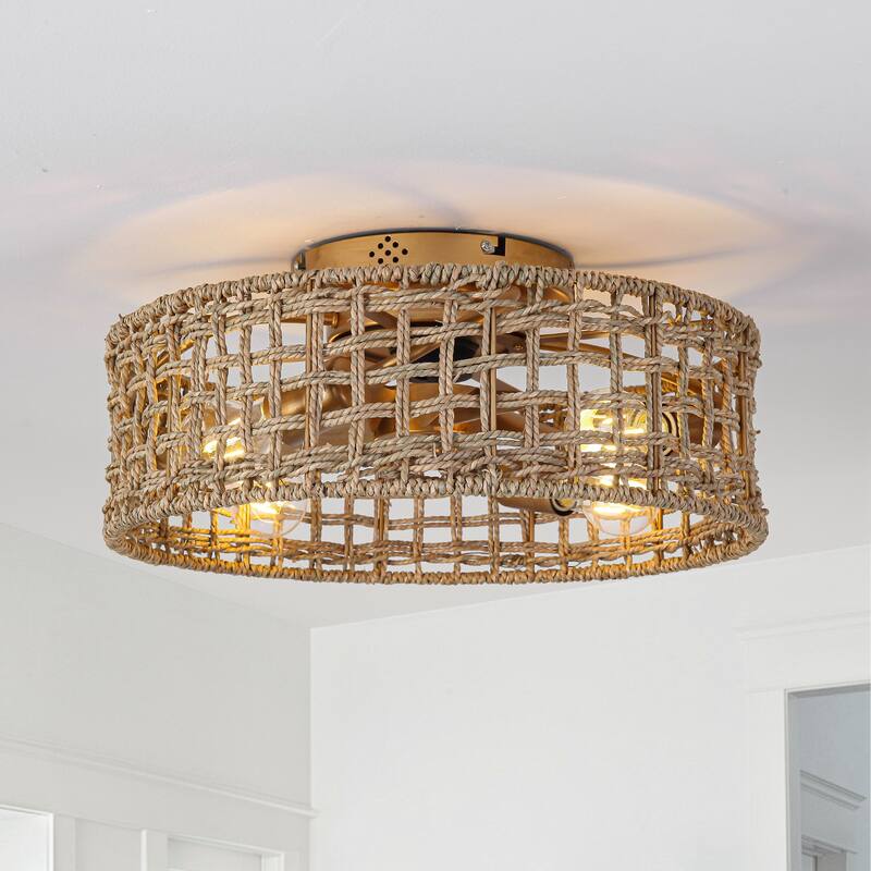 17.7" Natural Corn Straw Rope Brass Caged Flush Mount Ceiling Fan with Remote and App