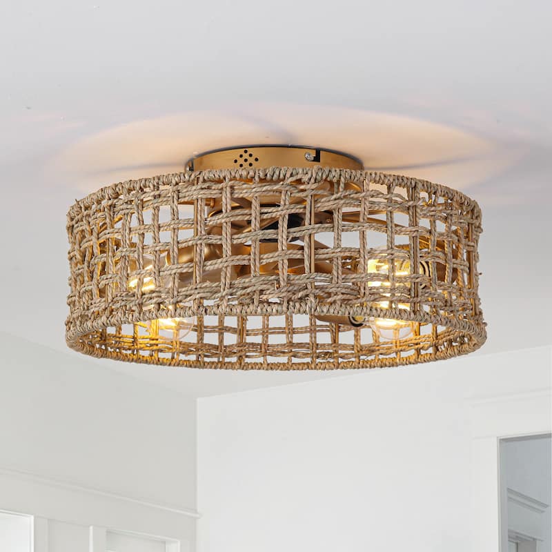 17.7" Natural Corn Straw Rope Gold Fandelier Flush Mount Ceiling Fan with Remote and App