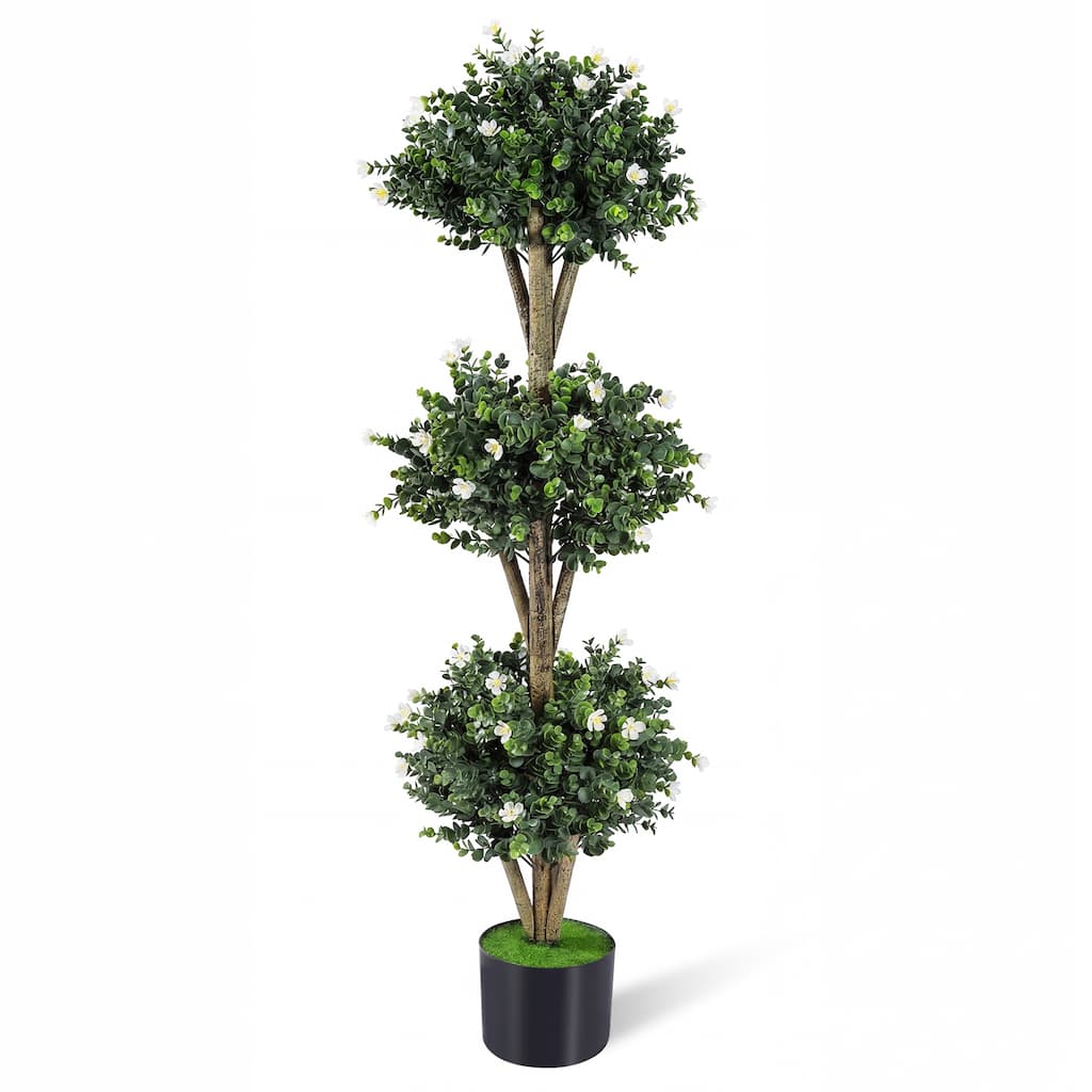 Gymax 51'' Artificial Triple Ball Boxwood Topiary Tree w/ 59 Blossoms