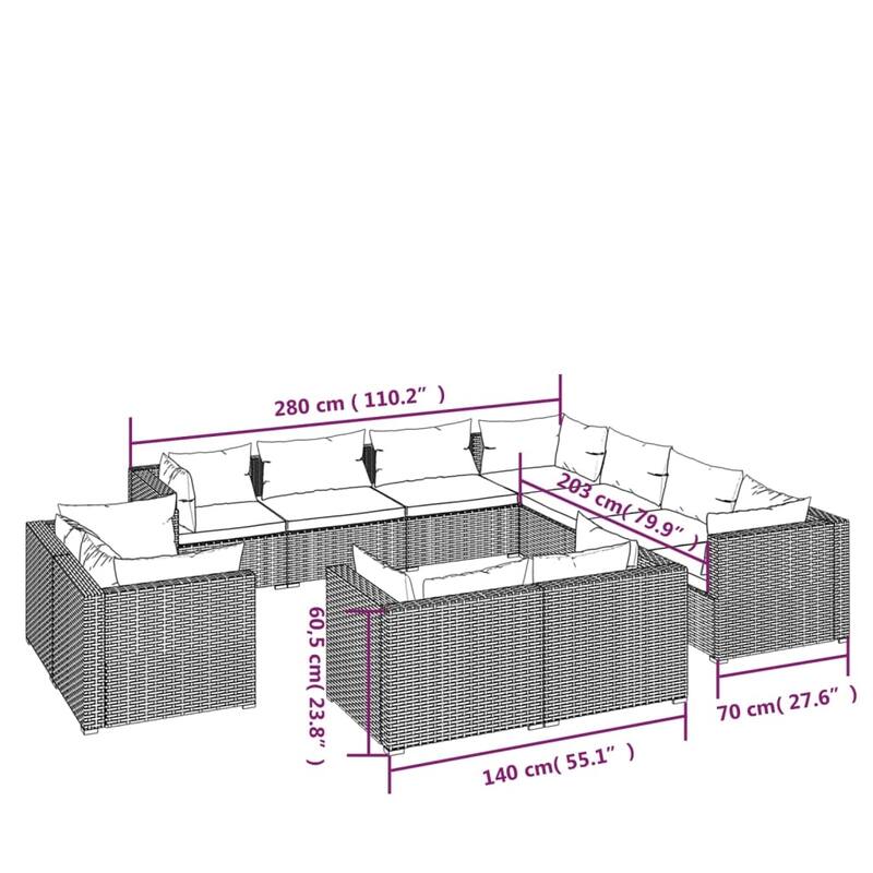 vidaXL Patio Lounge Set with Cushions Brown Poly Rattan - 27.6" x 27.6" x 24" - 27.6" x 27.6" x 24"