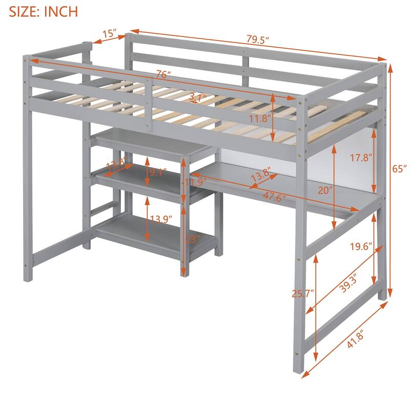 Twin Size Wooden Loft Bed with Desk, Shelves and Writable Board, Space Saving Work and Sleep Station
