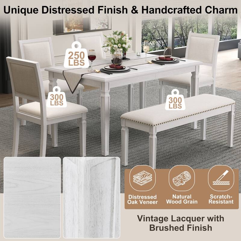 6 Piece Dining Table Set Extension from 59 to 72-Inches, Wood Kitchen Dining Table Set with 4 Upholstered Chairs & Bench