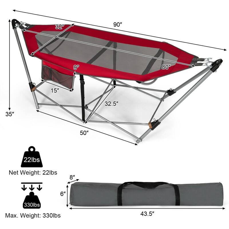 Gymax Folding Hammock Indoor & Outdoor Hammock with Side Pocket & Iron