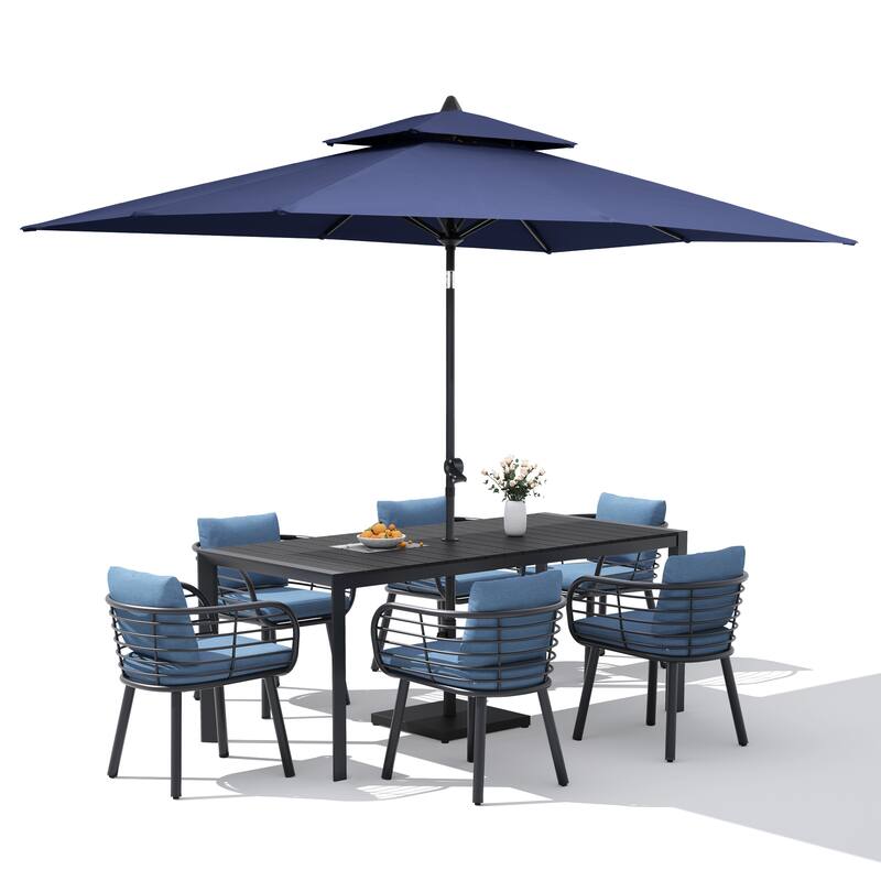9/11-Piece Outdoor Patio Dining Set w/10 ft Umbrella and Base Aluminum Dining Table and Dining Chairs with Sunbrella Cushions