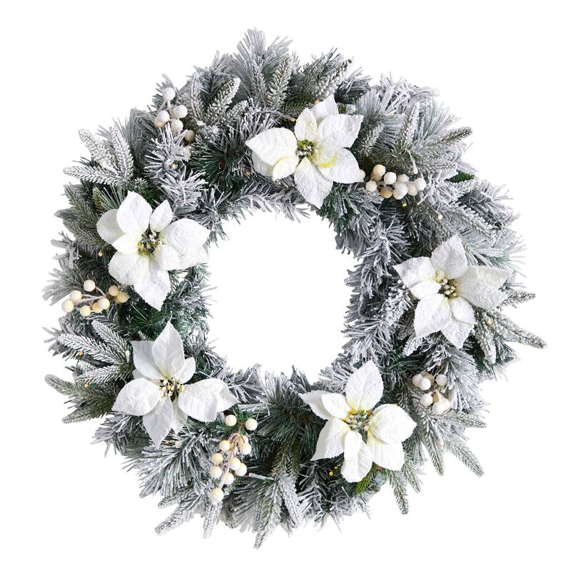 Flocked Poinsettia and Berries Artificial Christmas Wreath, 24-Inch, LED Lights