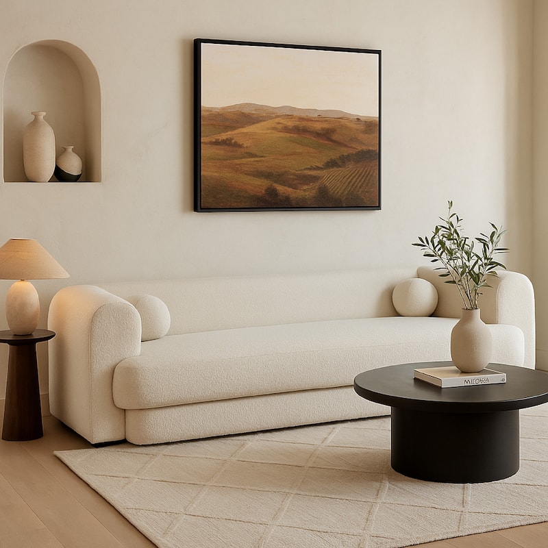 Foxo Retro Sofa, 2 Accent Pillows, Padded Ivory Velvet, 99 Inch