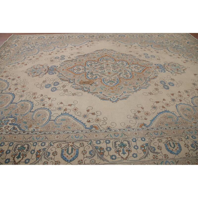 Hand Knotted Oriental 100% Wool Carpet Traditional Medallion Beige & Ivories Tabriz Area Rug - 13' 0'' X 9' 7''
