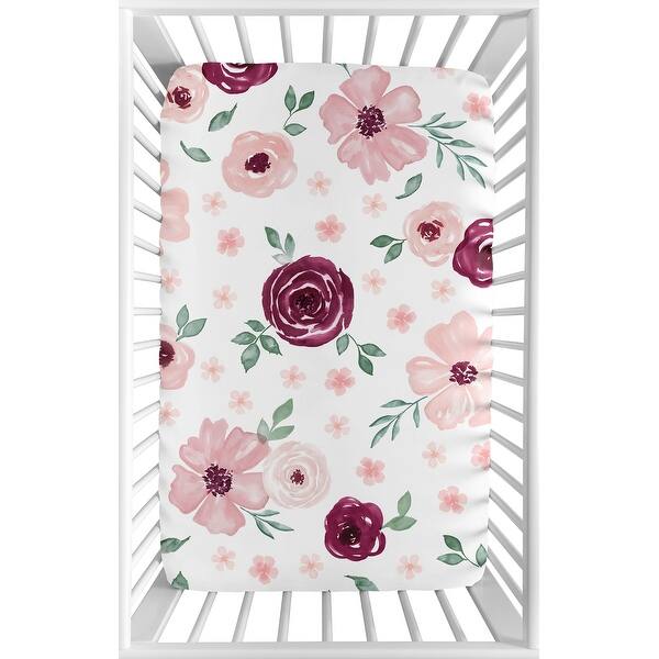 slide 2 of 6, Burgundy Pink Watercolor Floral Baby Girl Fitted Mini Portable Crib Sheet - Blush Maroon Rose Green Shabby Chic Flower Farmhouse