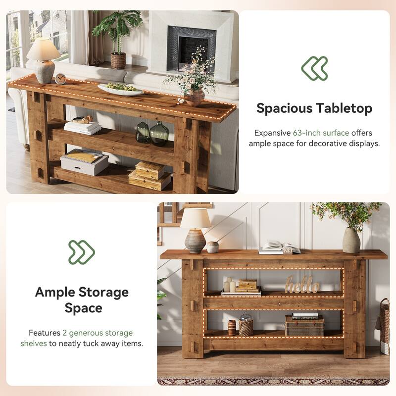 63-Inch Solid Wood Console Table for Entryway, 3-Tier Sofa Table Behind Couch - 11.81" D x 62.99" W x 31.5" H