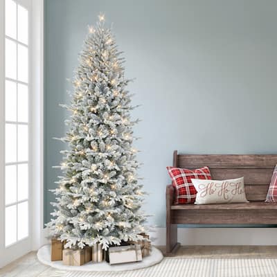Puleo International 7.5 ft. Pre-lit Slim Flocked Northern Fir Artificial Christmas Tree