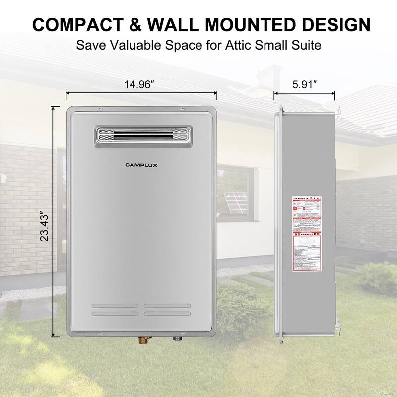 CAMPLUX 5.28 GPM Liquid Propane Tankless Water Heater for Whole Home, Outdoor Installation, Grey