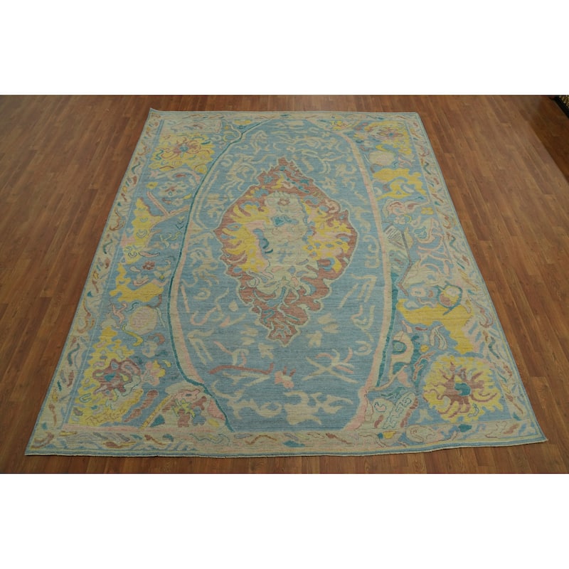 Handmade Blue Floral Oushak Vegetable Dye Area Rug, Medallion Carpet - 9' 9'' X 8' 2''