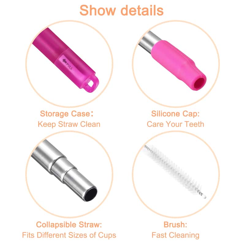 1 Set Reusable Telescopic Stainless Steel Straws with Silicone Nozzle