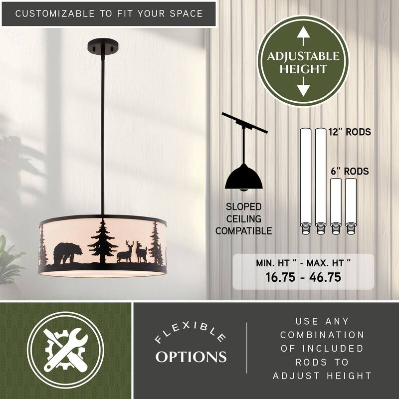 Acadia 3L Bronze Rustic Pendant Light White Linen Bear Deer Tree - 18-in W x 16.75-in H x 18-in D