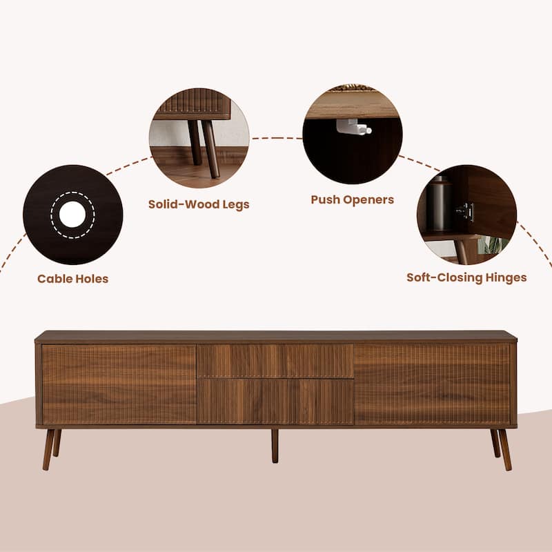 Roomfitters 70 Inch Fluted TV Stand for TVs up to 80 Inch, Media Console with Storage Drawers, Cabinets & Soft-Close, Walnut
