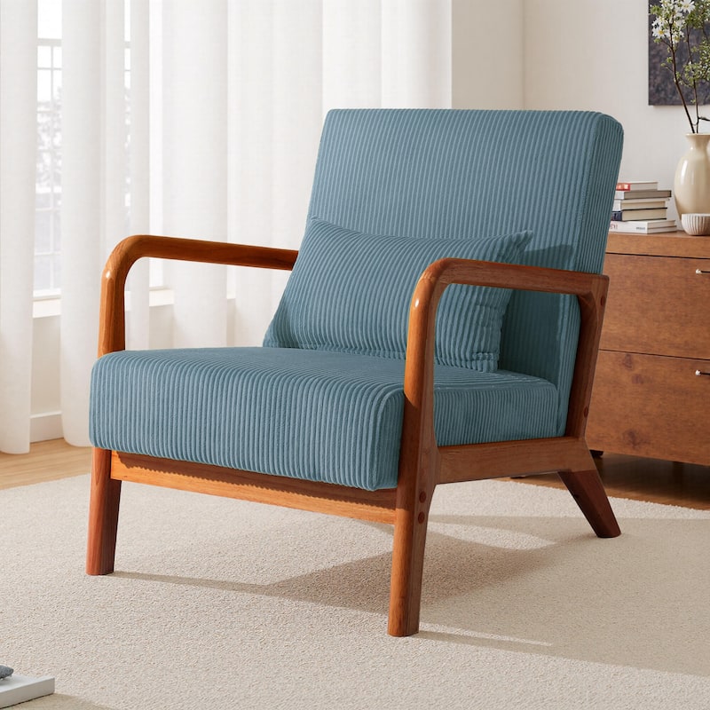 25" W Mid Century Upholstered Wood Accent Chair with Pillow - Dark Wood - Blue