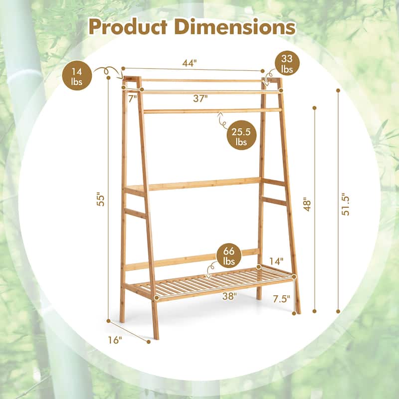 3Tier Bamboo Clothing Rack Freestanding Clothes Organizer with Shelves