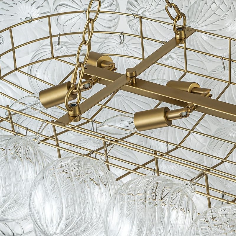 51in Brass Swirled Glass Bubble Linear Island Chandelier Dining Room