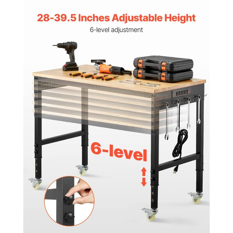 Black and Natural Oak Adjustable Height Workbench with Power Strip, Casters and Hooks - Black-Natural