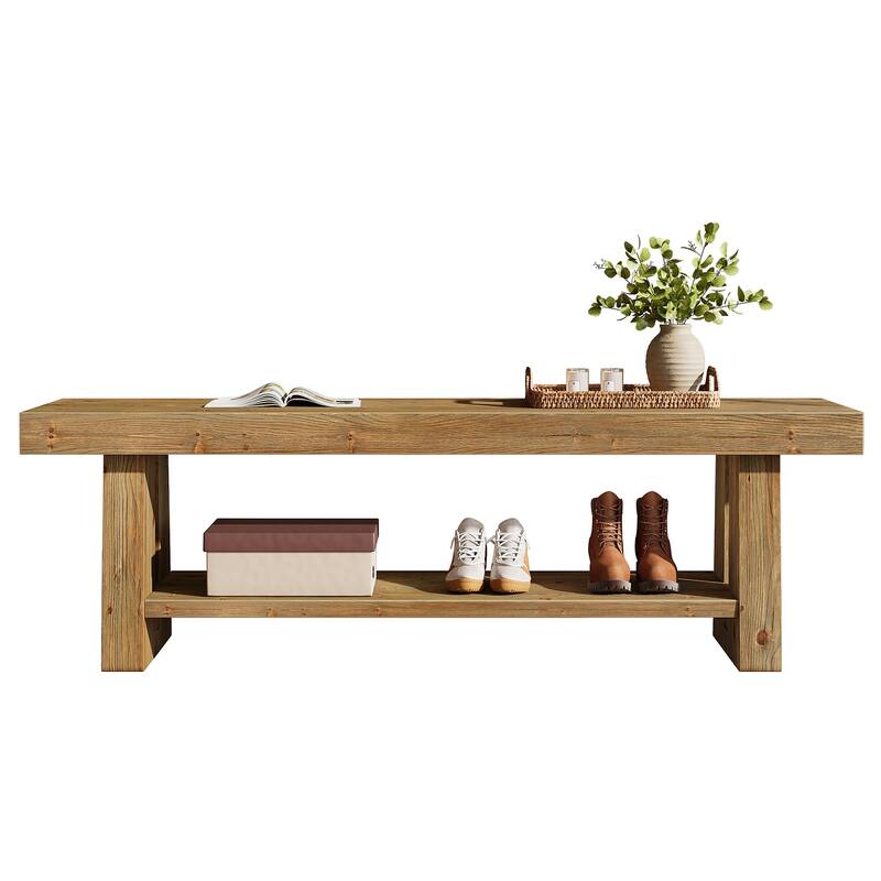 63'' Solid Wood Bench, 2-Tier Entryway End of Bed Bench