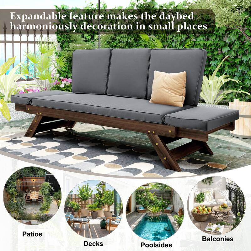 Outdoor Acacia Wood Adjustable Daybed Sofa with Cushions, Expandable Patio Chaise Lounge for Small Spaces, Deck or Balcony