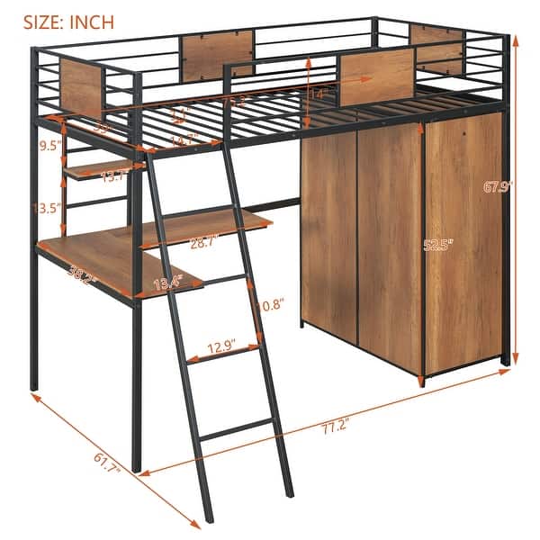 Black Twin Size Metal Wood Loft Bed with L-shaped Desk and Wardrobe