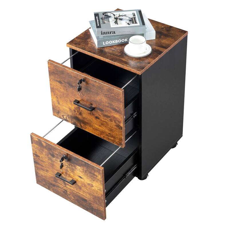 Brown and Black 2-Drawer Rolling Wood File Cabinet with Lockable Wheels for Office Storage