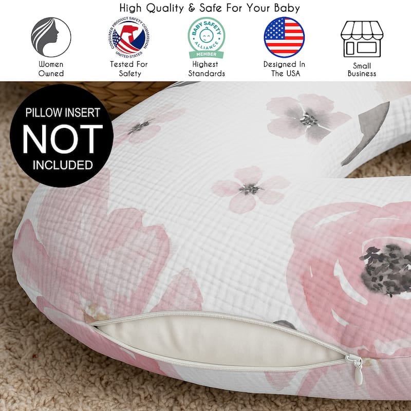 Sweet Jojo Designs Pink/Grey Watercolor Floral Pink Girl 100% Cotton Muslin Nursing Pillow Cover Case - Shabby Chic, Farmhouse