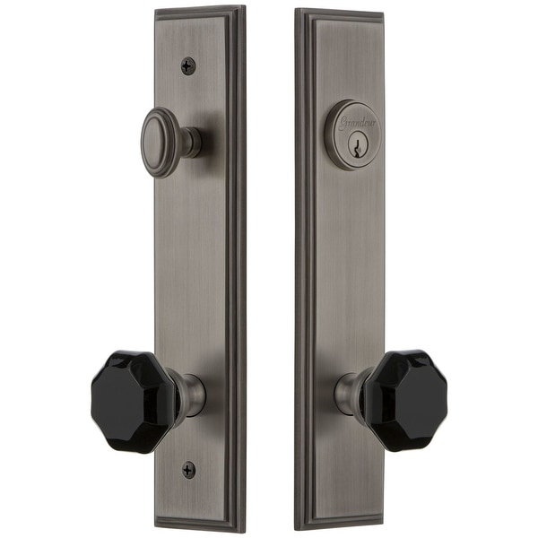 Grandeur CARLYO_TP_ESET_238 Carre Solid Brass Rose Tall Plate Single Cylinder Keyed Entry Door Knob Set with Lyon Knob and