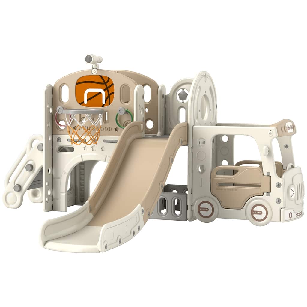 9 in 1 Toddler Slide Indoor for Ages 1-6 Car Themed with Basketball Hoop Climber Storage Ring Toss Telescope Tunnel Cream White
