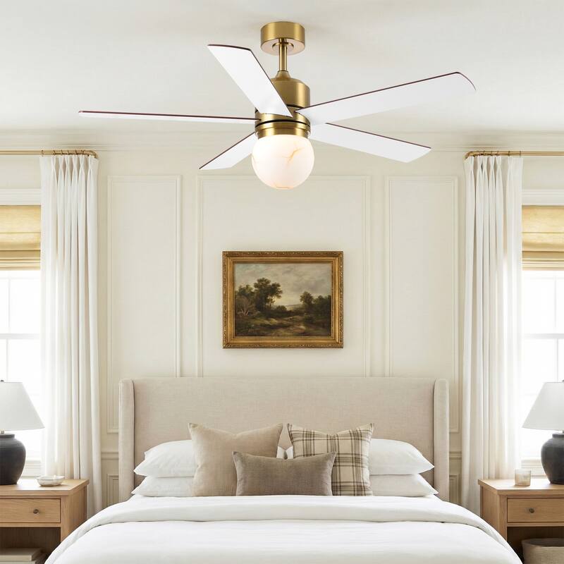 52" Modern Brushed Gold Bubble Glass Dimmable Ceiling Fan with LED Light and Remote