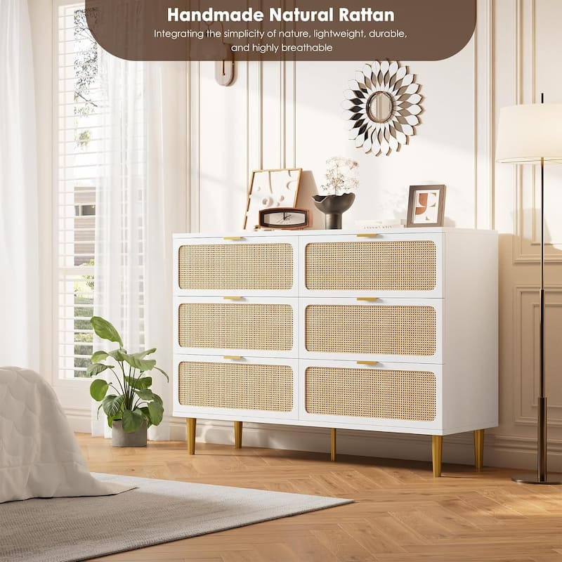 Rattan 6 Drawer Dresser for Bedroom, Double Chest with Deep Drawers and Wide Top for Living Room, Hallway, or Closet