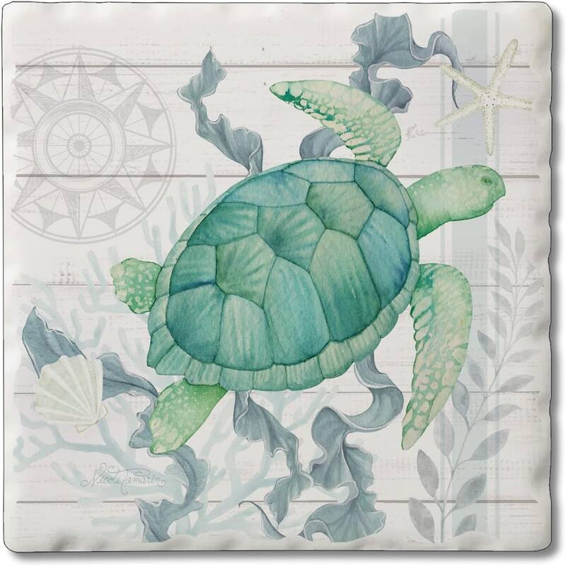 Absorbent Stone Tumbled Tile Coasters, Beach Therapy Turtle, Set of 4 - Multi