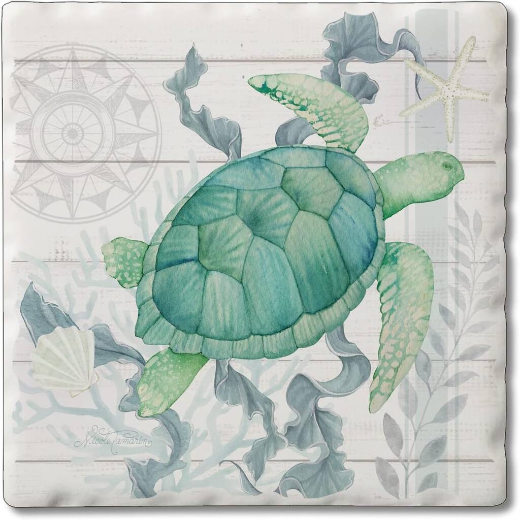 Absorbent Stone Tumbled Tile Coasters, Beach Therapy Turtle, Set of 4