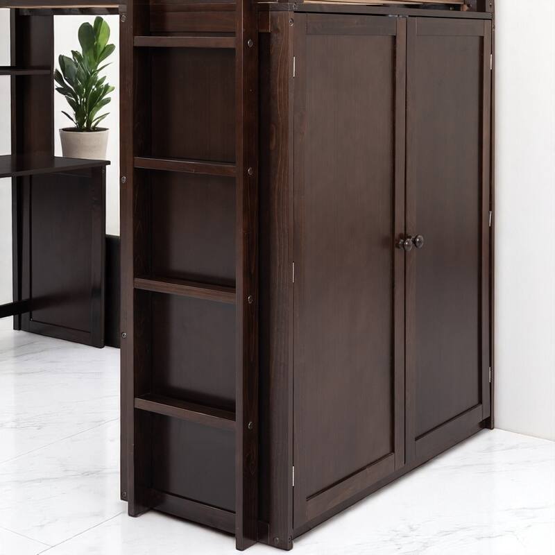 Wooden Twin/Full Loft Bed with Built-in Desk, Wardrobe Closet & Storage Drawers, Guardrail Design