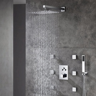 12" In Wall Rainfall 3 Way Thermostatic Faucet Shower System w/ 6 Body Jets