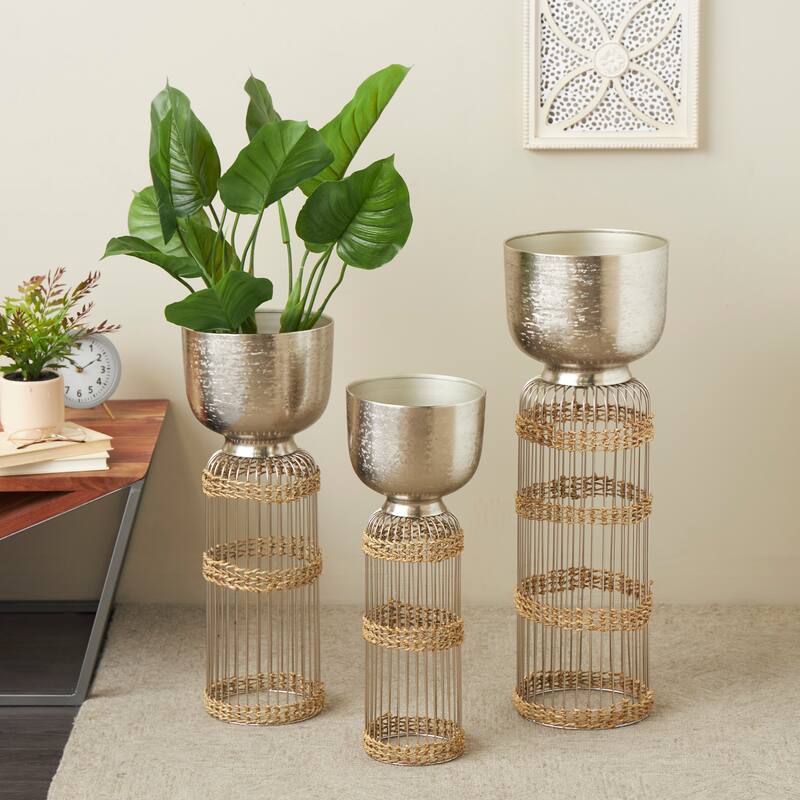 Silver or Gold Metal Caged Wire Planter with Woven Seagrass Accents (Set of 3) - Silver -  32", 27", 24"H