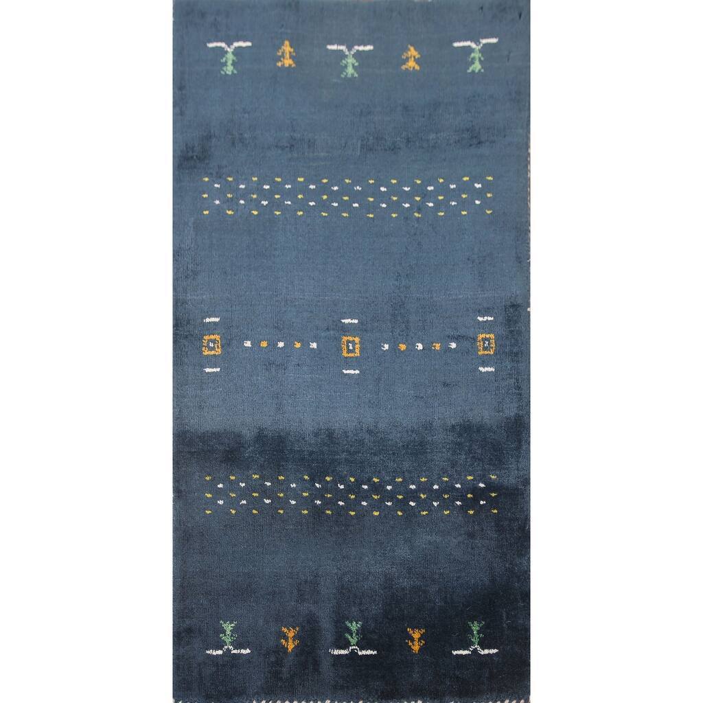 Navy Blue Gabbeh Indian Rug Hand-knotted Wool Carpet - 2'0" x 4'0"