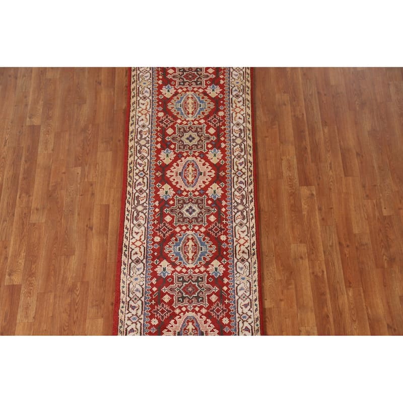 Geometric Red Kazak Indian Runner Rug Handmade Wool Carpet - 2'5"x 7'10"
