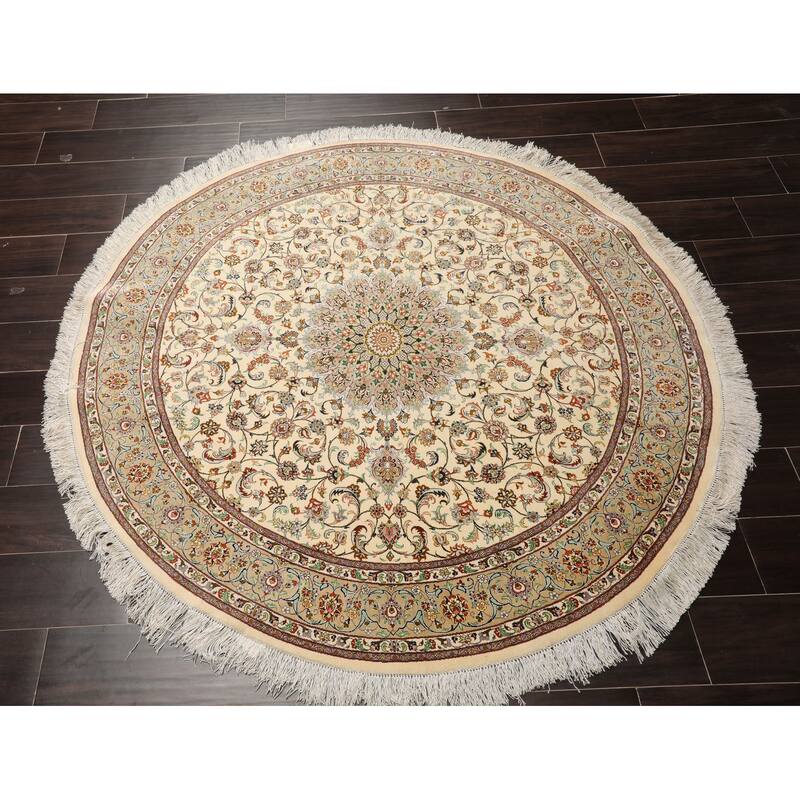 5x5 Round Hand Knotted 600 KPSI Ivory Qum All Silk Traditional Rug - 5' x 5' -Round