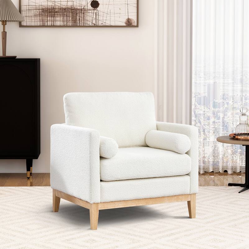 35" Farmhouse Style Boucle Single Sofa Accent Chair with Storage Footstool, Natural Wood Legs for Living Room, Office - Ivory + Nature（Includ Chair）